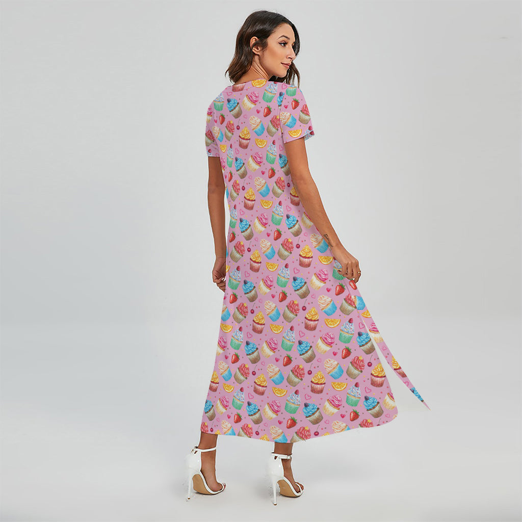 Watercolor Cupcake Pattern Print Short Sleeve Maxi Dress