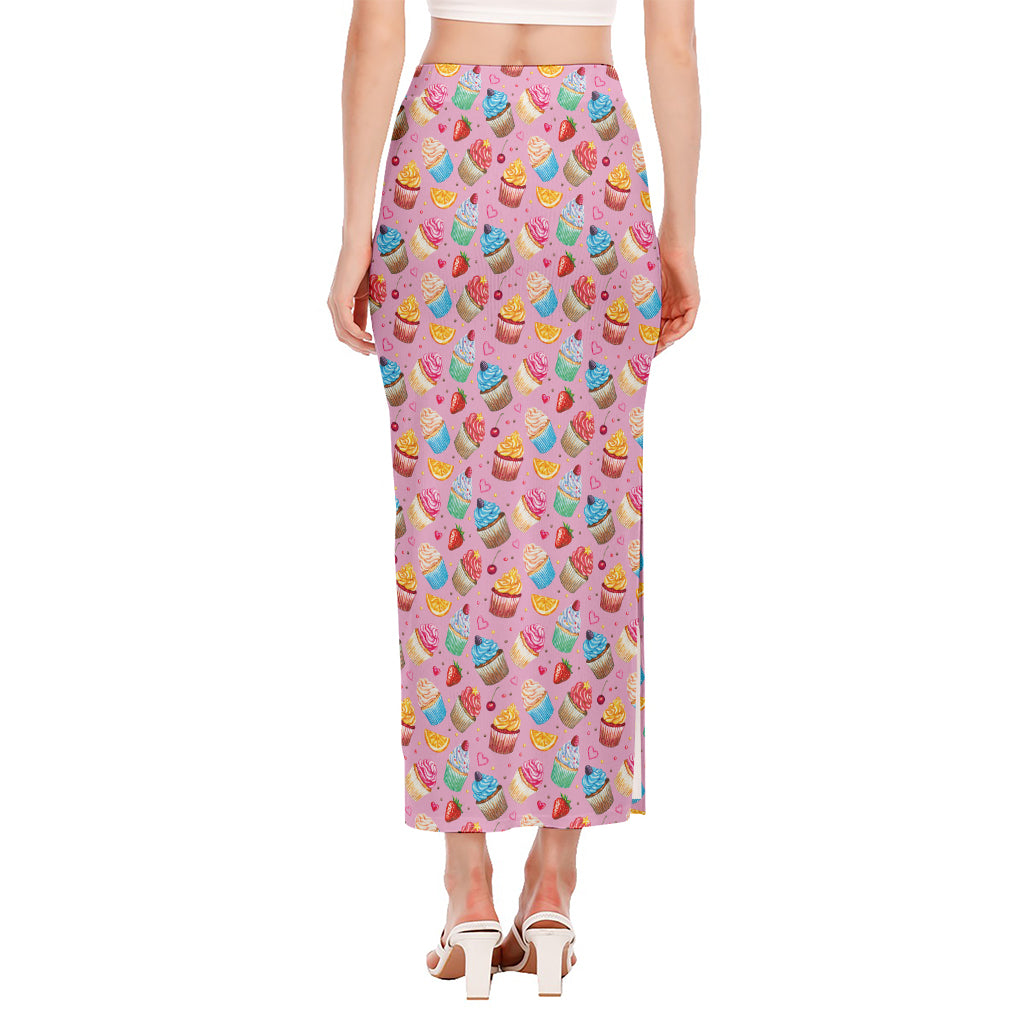 Watercolor Cupcake Pattern Print Side Slit Maxi Skirt