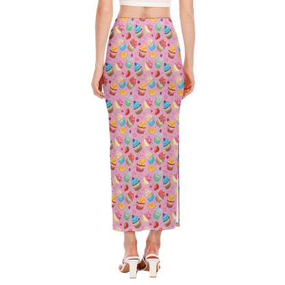Watercolor Cupcake Pattern Print Side Slit Maxi Skirt
