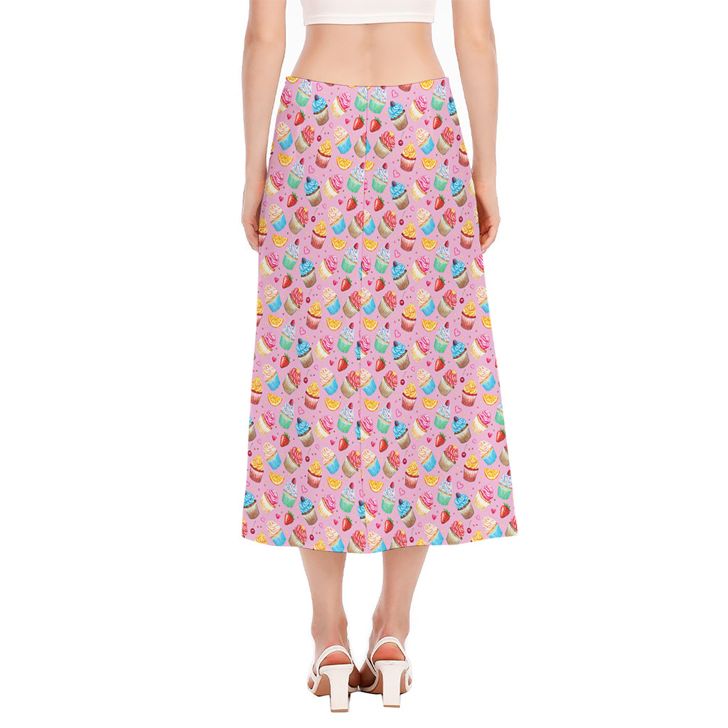 Watercolor Cupcake Pattern Print Side Slit Midi Skirt