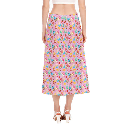 Watercolor Cupcake Pattern Print Side Slit Midi Skirt