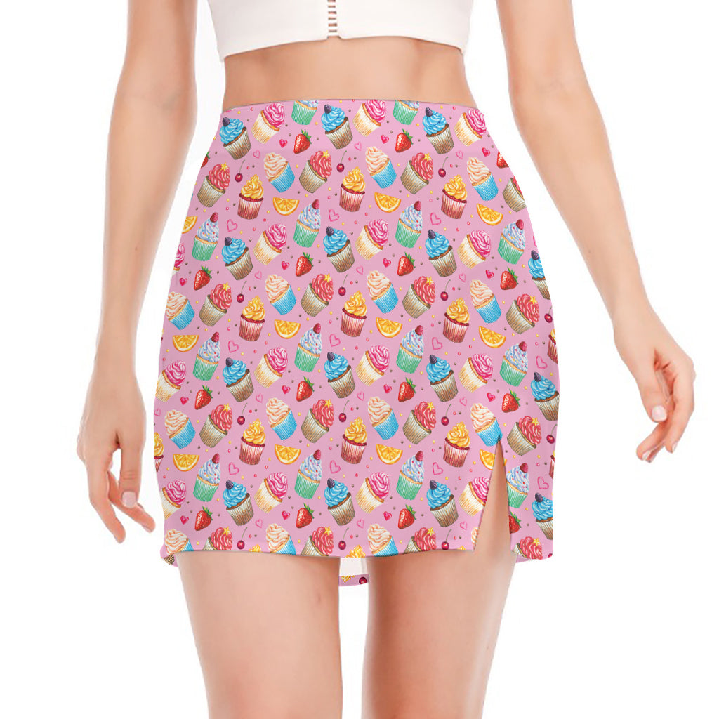 Watercolor Cupcake Pattern Print Side Slit Mini Skirt