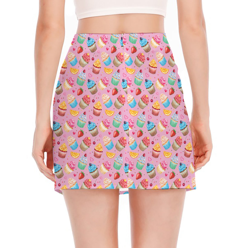 Watercolor Cupcake Pattern Print Side Slit Mini Skirt
