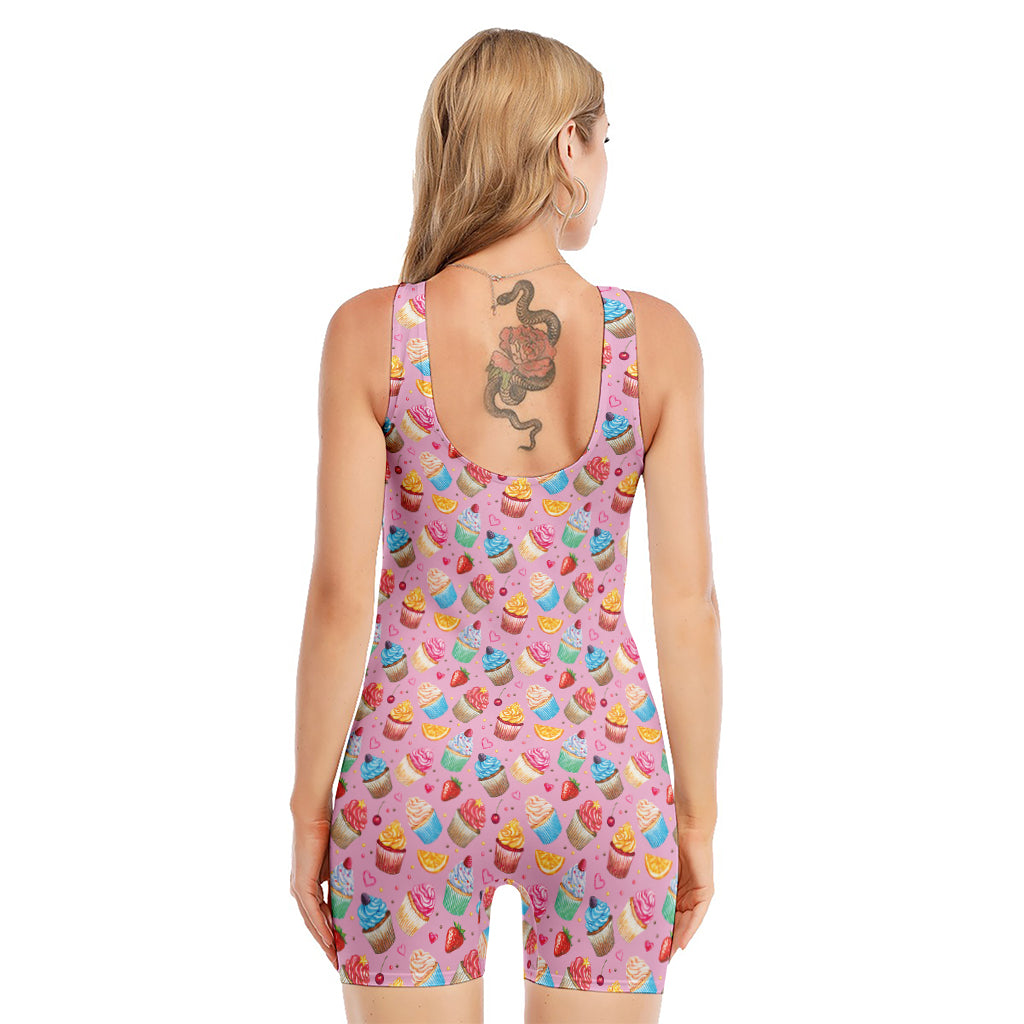 Watercolor Cupcake Pattern Print Sleeveless One Piece Swimsuit