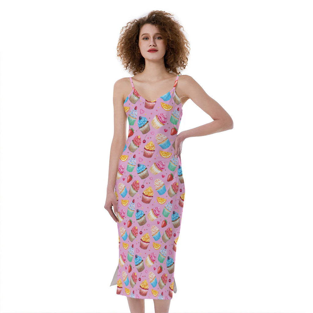 Watercolor Cupcake Pattern Print Slim Fit Midi Cami Dress