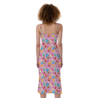 Watercolor Cupcake Pattern Print Slim Fit Midi Cami Dress