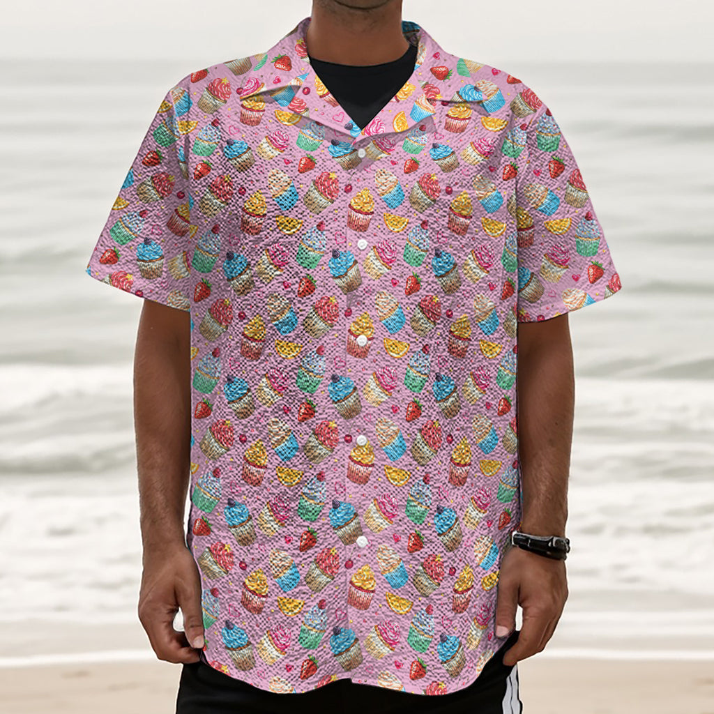 Watercolor Cupcake Pattern Print Textured Short Sleeve Shirt