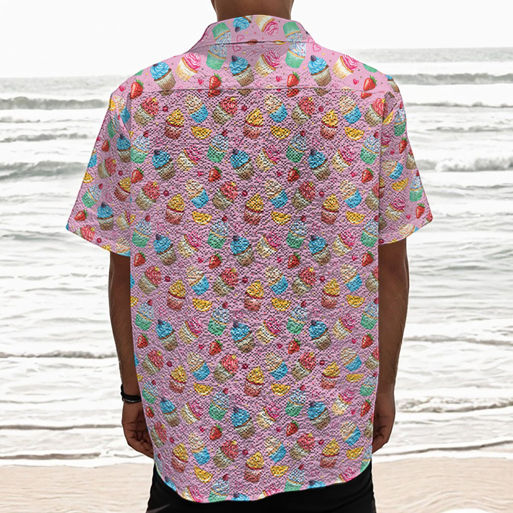 Watercolor Cupcake Pattern Print Textured Short Sleeve Shirt