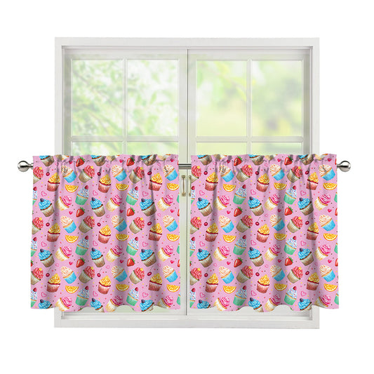 Watercolor Cupcake Pattern Print Tier Curtains