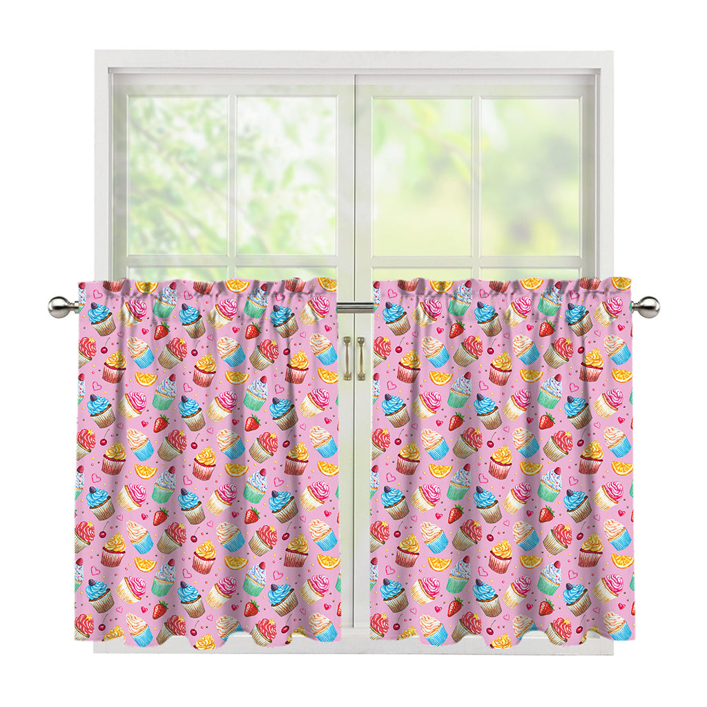 Watercolor Cupcake Pattern Print Tier Curtains