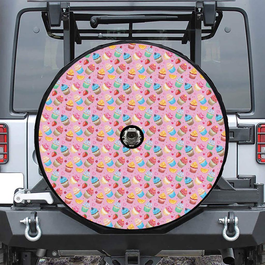 Watercolor Cupcake Pattern Print Tire Cover With Camera Hole