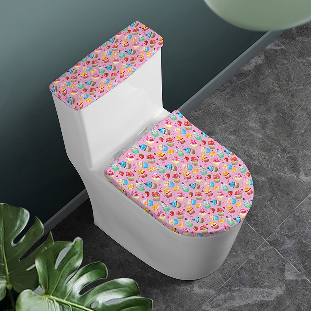 Watercolor Cupcake Pattern Print Toilet Lid And Tank Cover Set