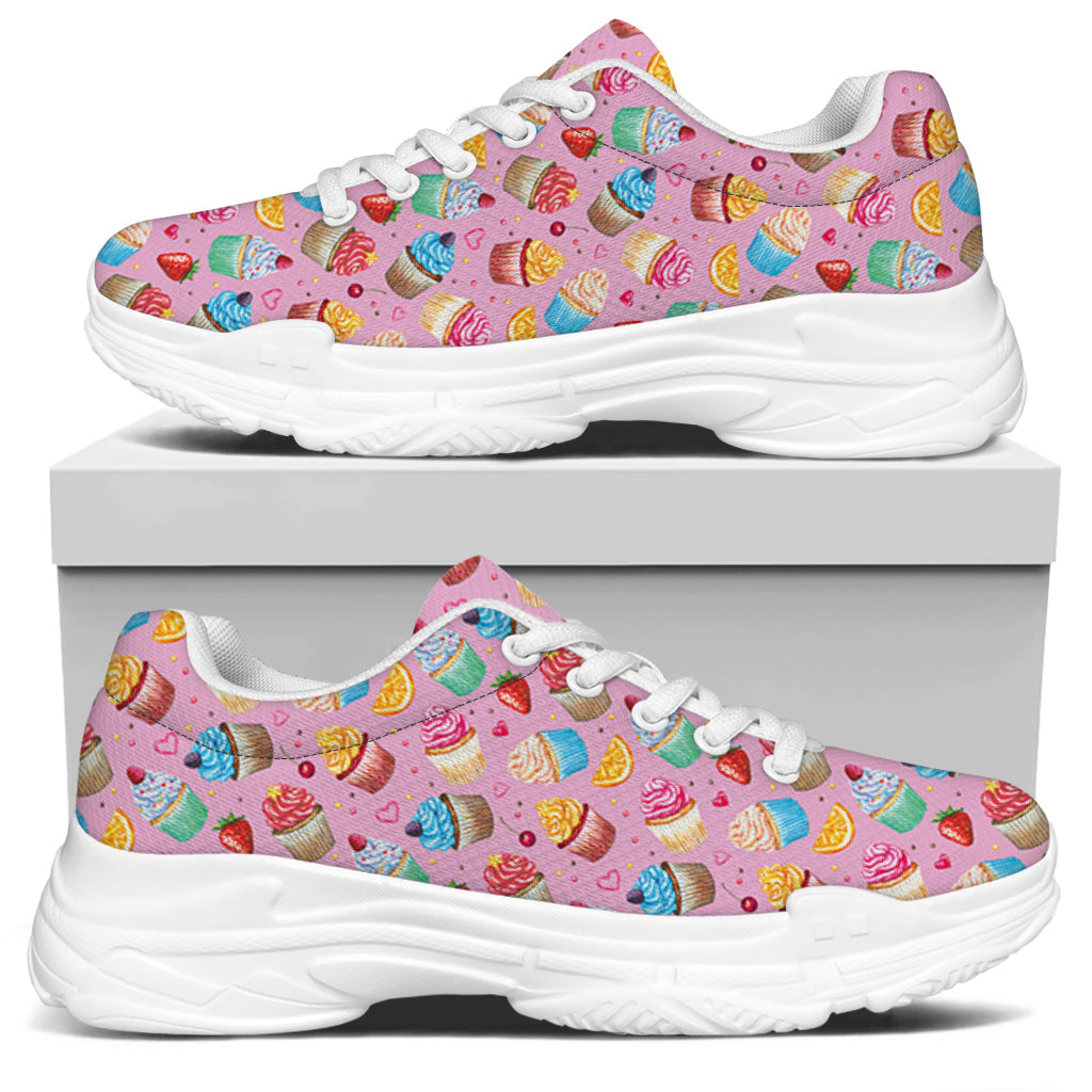 Watercolor Cupcake Pattern Print White Chunky Shoes