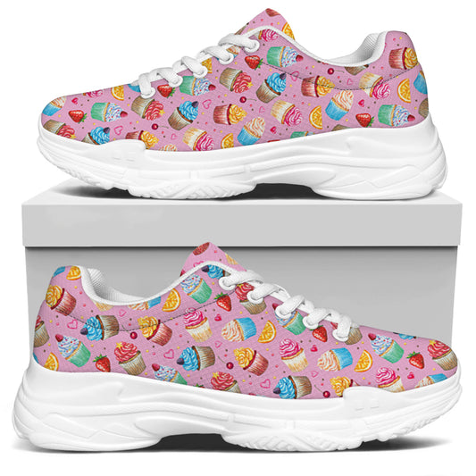 Watercolor Cupcake Pattern Print White Chunky Shoes