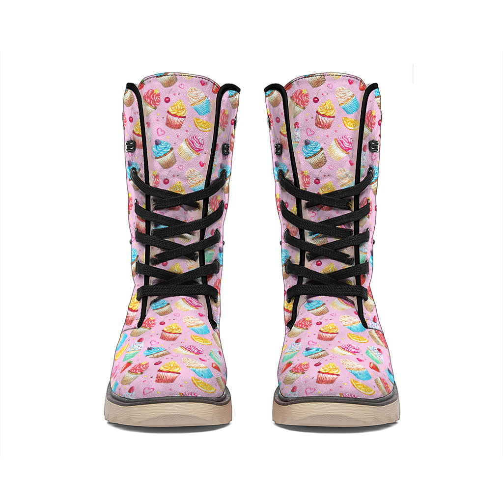 Watercolor Cupcake Pattern Print Winter Boots