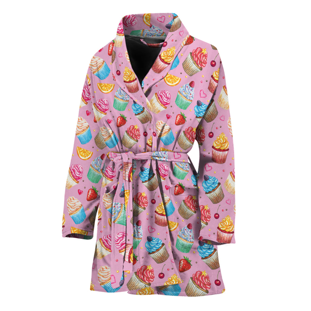 Watercolor Cupcake Pattern Print Women's Bathrobe