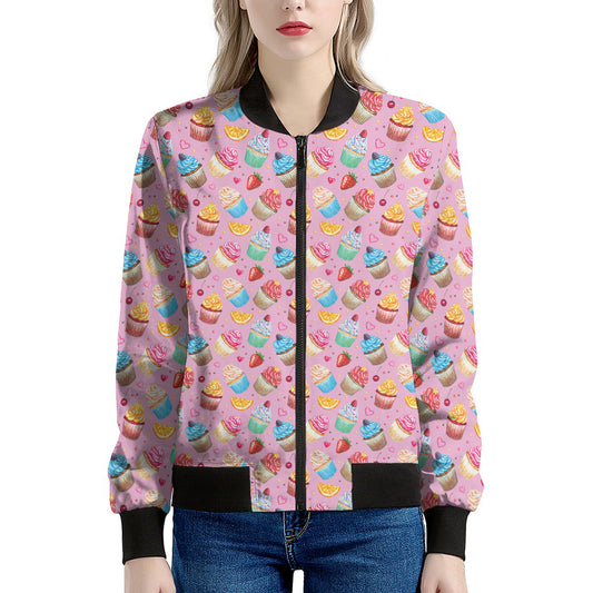 Watercolor Cupcake Pattern Print Women's Bomber Jacket