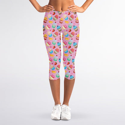Watercolor Cupcake Pattern Print Women's Capri Leggings
