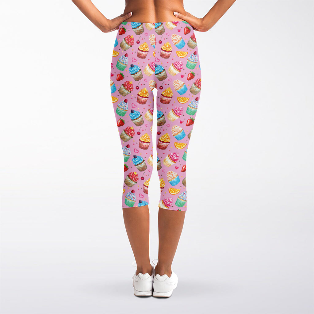 Watercolor Cupcake Pattern Print Women's Capri Leggings