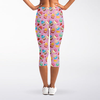 Watercolor Cupcake Pattern Print Women's Capri Leggings