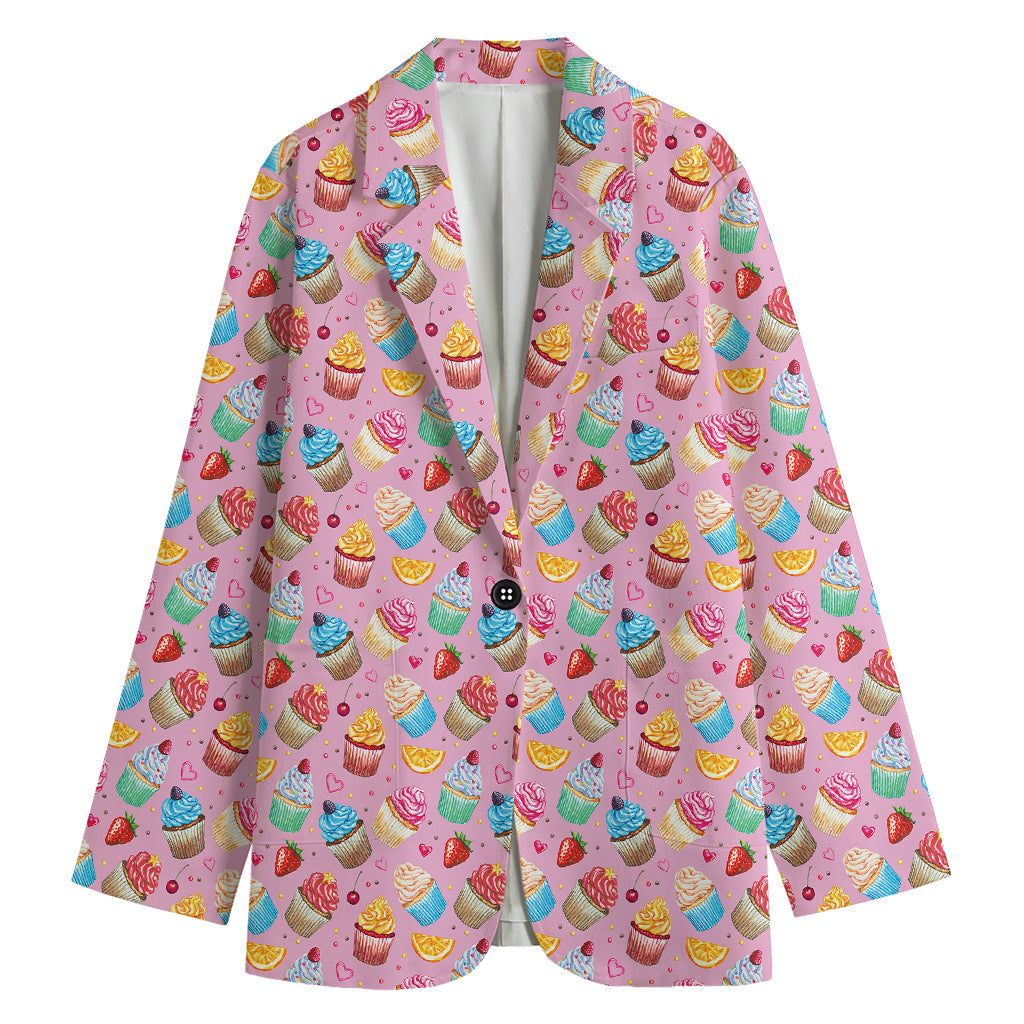 Watercolor Cupcake Pattern Print Women's Cotton Blazer