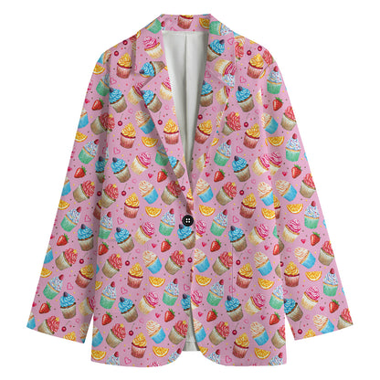 Watercolor Cupcake Pattern Print Women's Cotton Blazer