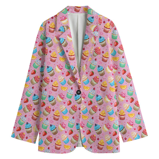 Watercolor Cupcake Pattern Print Women's Cotton Blazer