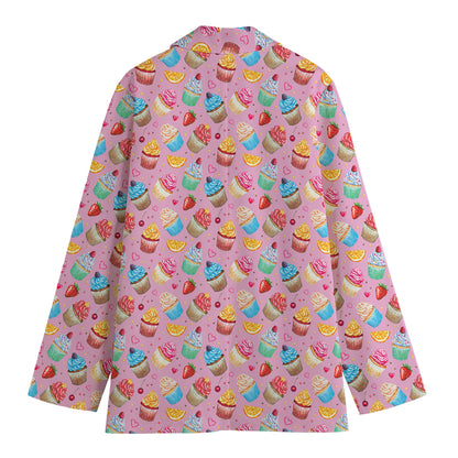 Watercolor Cupcake Pattern Print Women's Cotton Blazer