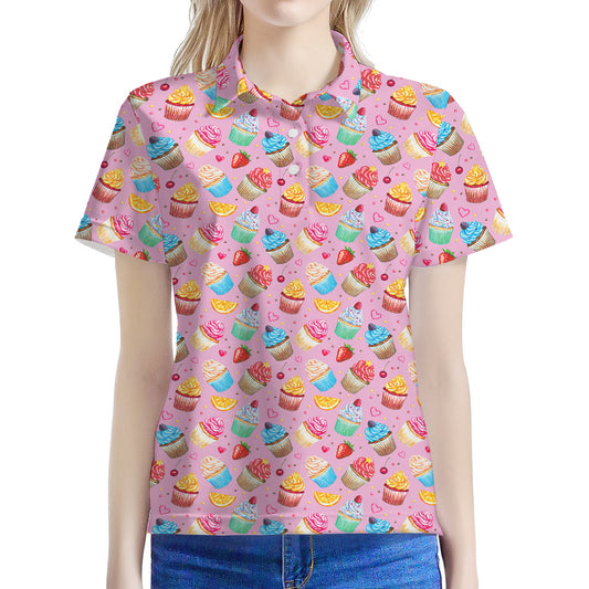 Watercolor Cupcake Pattern Print Women's Polo Shirt