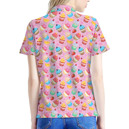Watercolor Cupcake Pattern Print Women's Polo Shirt