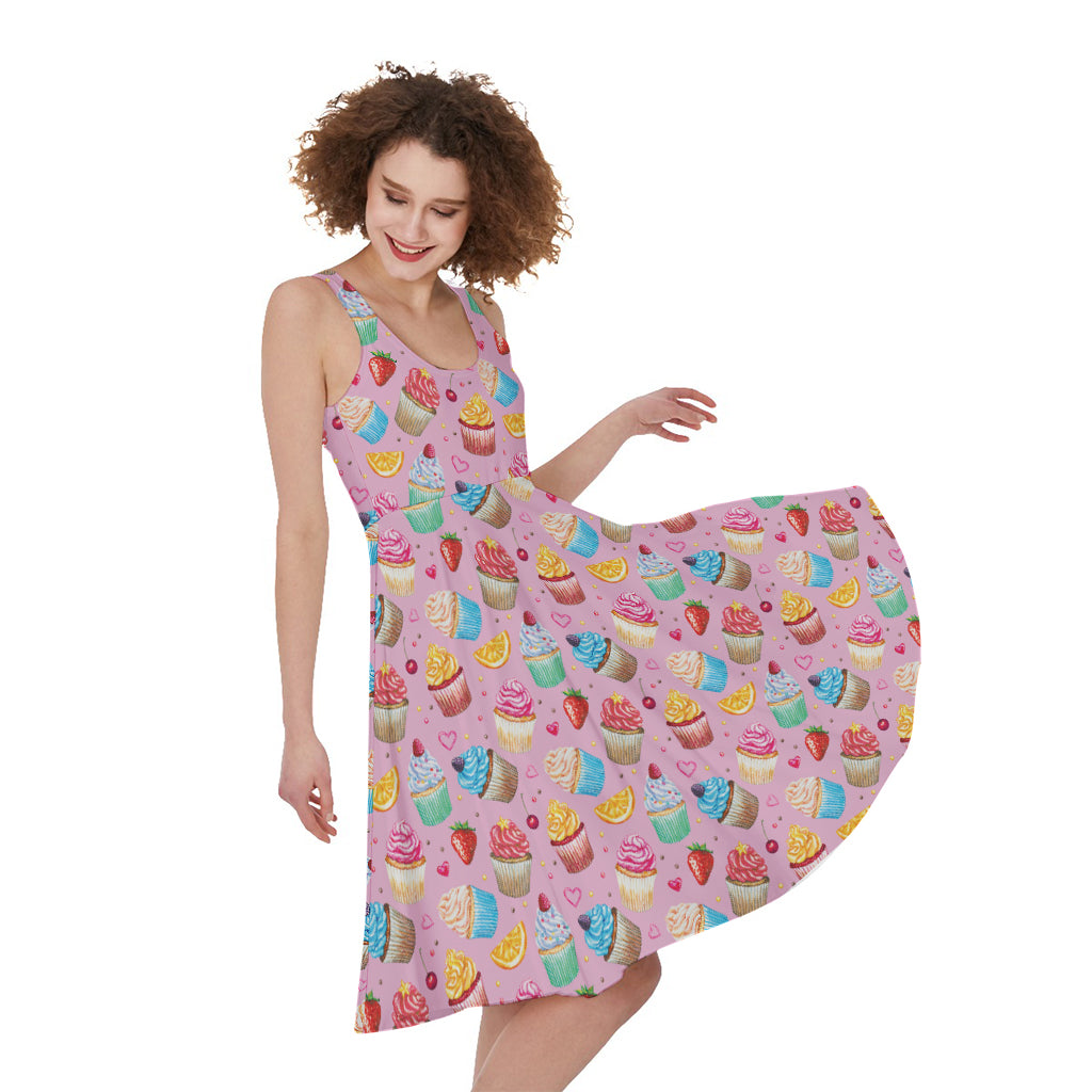 Watercolor Cupcake Pattern Print Women's Sleeveless Dress