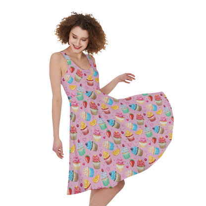 Watercolor Cupcake Pattern Print Women's Sleeveless Dress