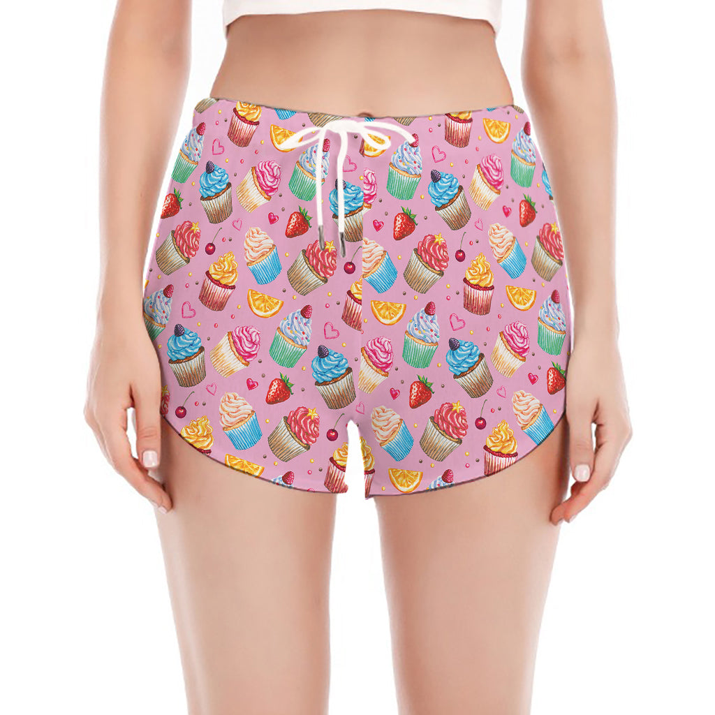 Watercolor Cupcake Pattern Print Women's Split Running Shorts
