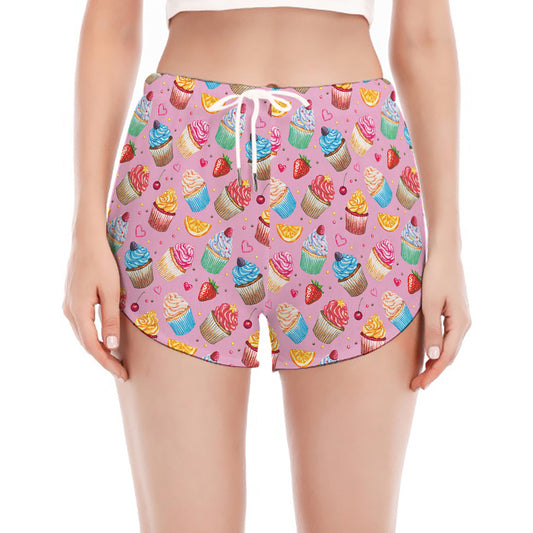 Watercolor Cupcake Pattern Print Women's Split Running Shorts