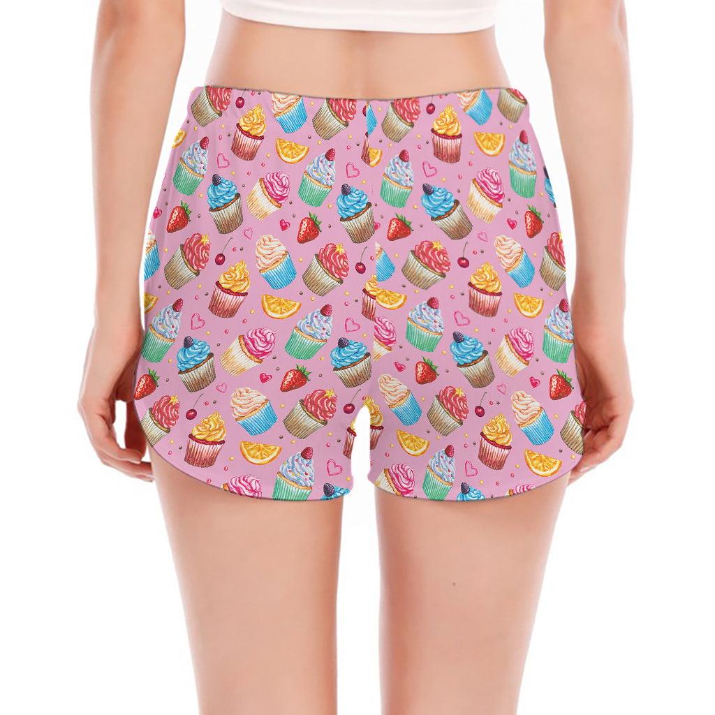 Watercolor Cupcake Pattern Print Women's Split Running Shorts
