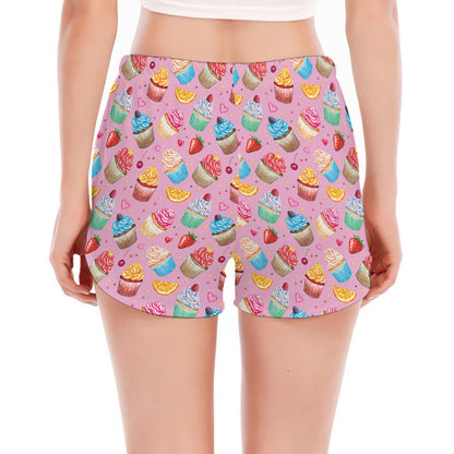 Watercolor Cupcake Pattern Print Women's Split Running Shorts