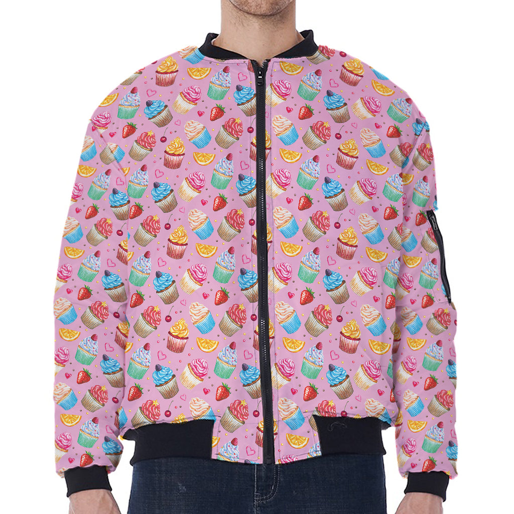 Watercolor Cupcake Pattern Print Zip Sleeve Bomber Jacket