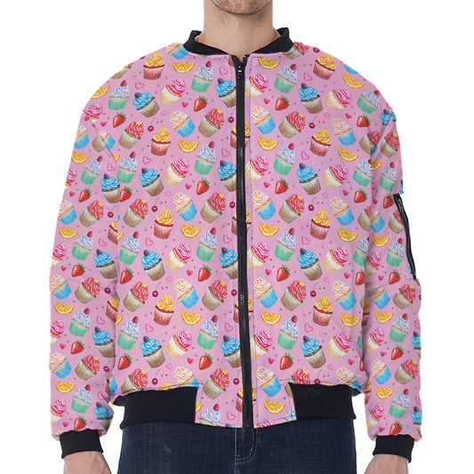 Watercolor Cupcake Pattern Print Zip Sleeve Bomber Jacket