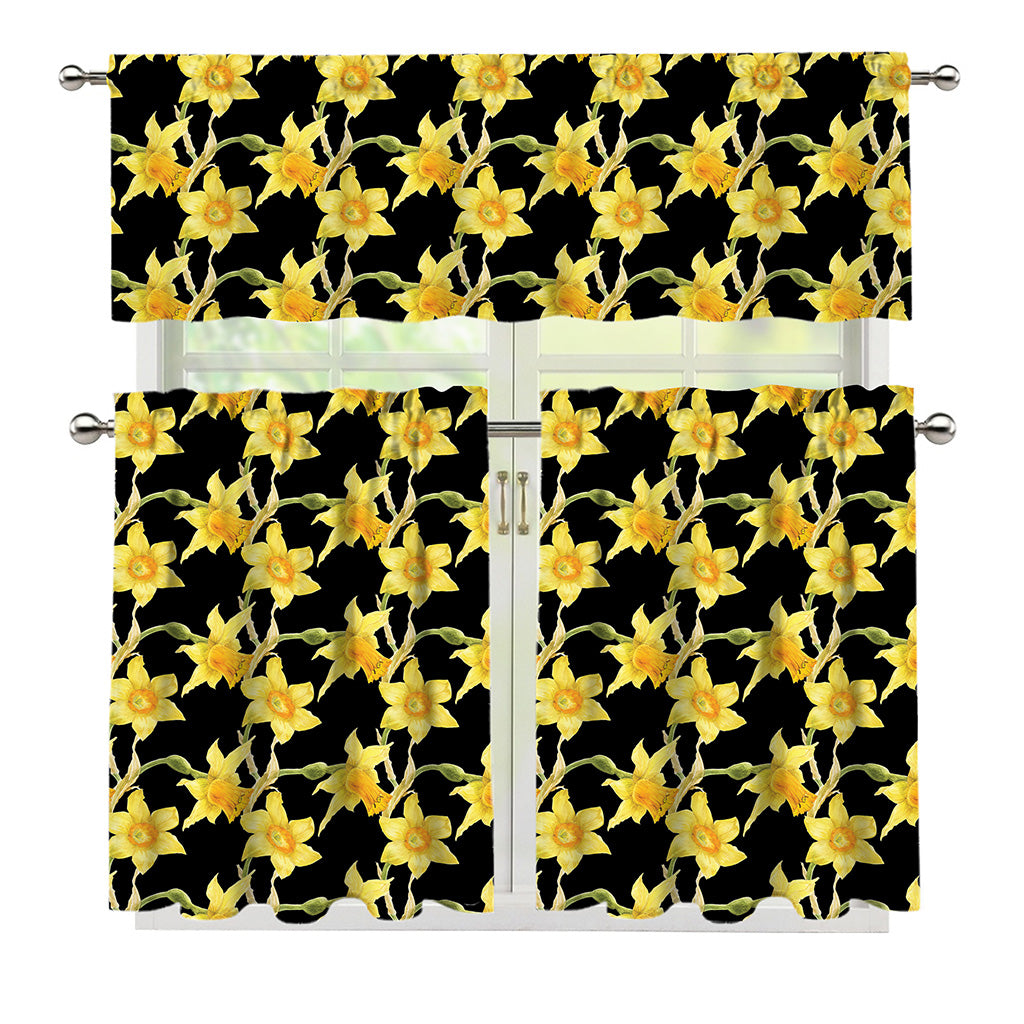 Watercolor Daffodil Flower Pattern Print 3 Piece Kitchen Curtains