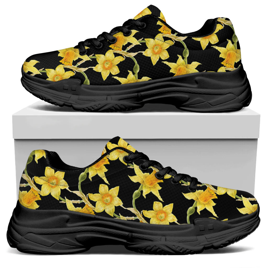 Watercolor Daffodil Flower Pattern Print Black Chunky Shoes