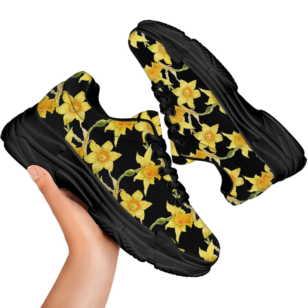 Watercolor Daffodil Flower Pattern Print Black Chunky Shoes