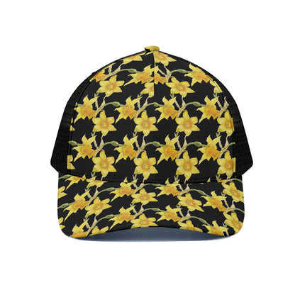 Watercolor Daffodil Flower Pattern Print Black Mesh Trucker Cap