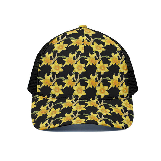 Watercolor Daffodil Flower Pattern Print Black Mesh Trucker Cap