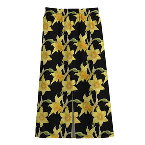 Watercolor Daffodil Flower Pattern Print Cotton Front Slit Maxi Skirt