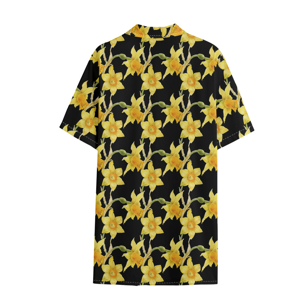 Watercolor Daffodil Flower Pattern Print Cotton Hawaiian Shirt