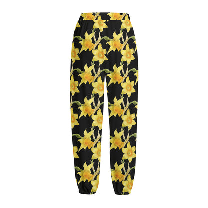 Watercolor Daffodil Flower Pattern Print Fleece Lined Knit Pants