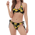 Watercolor Daffodil Flower Pattern Print Halter Scoop Tie Side Bikini