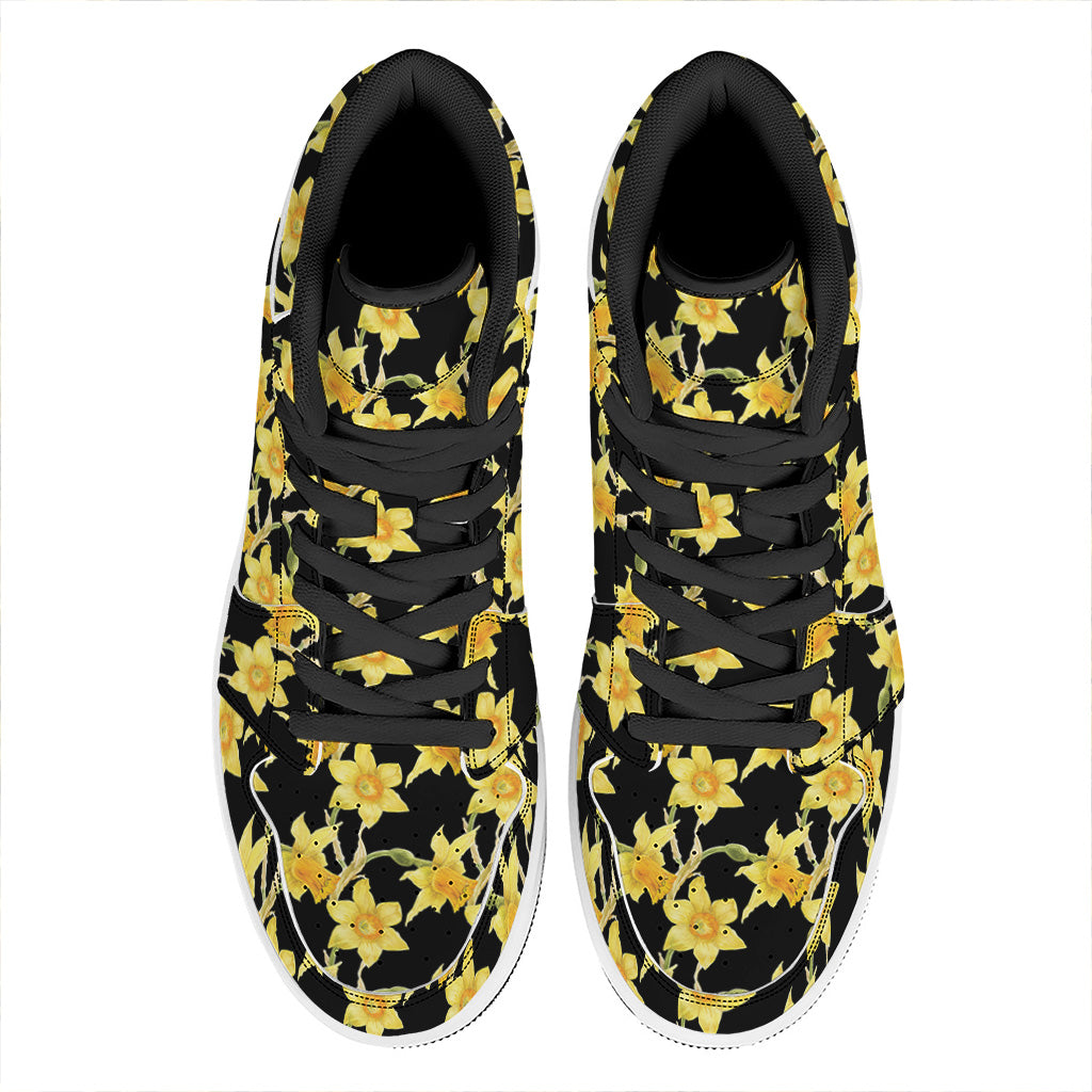 Watercolor Daffodil Flower Pattern Print High Top Leather Sneakers