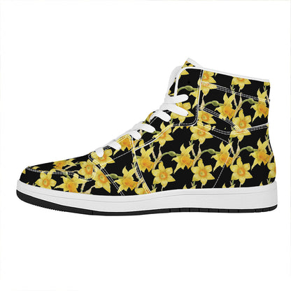 Watercolor Daffodil Flower Pattern Print High Top Leather Sneakers