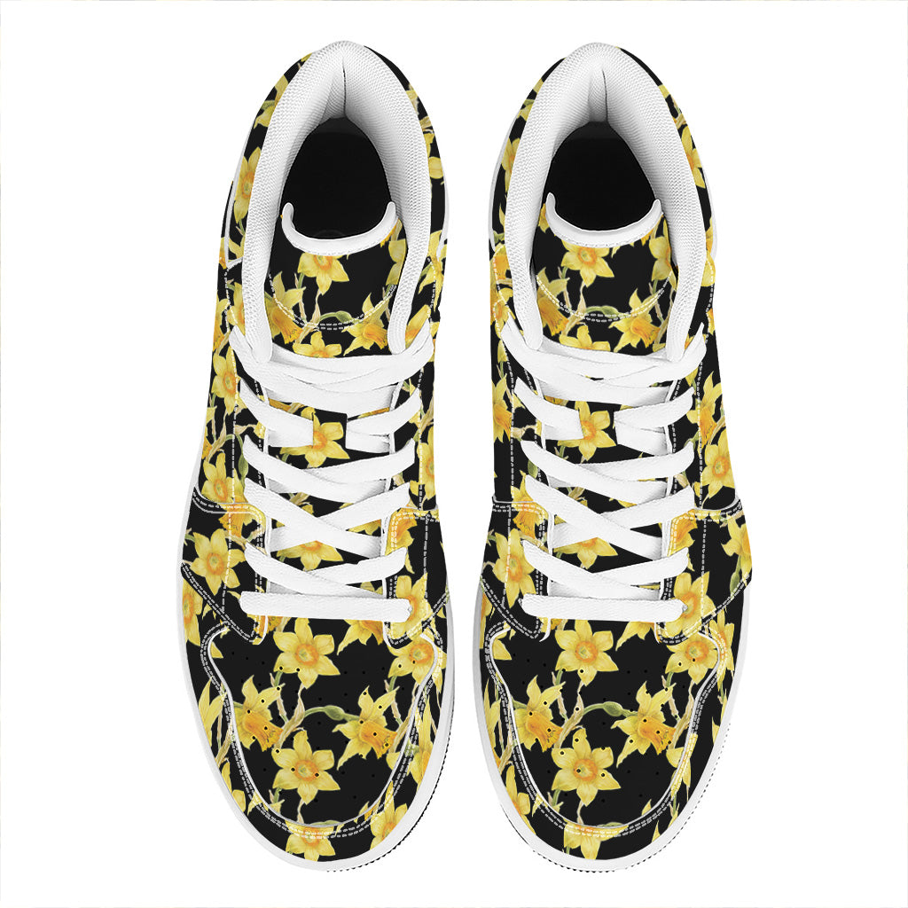 Watercolor Daffodil Flower Pattern Print High Top Leather Sneakers